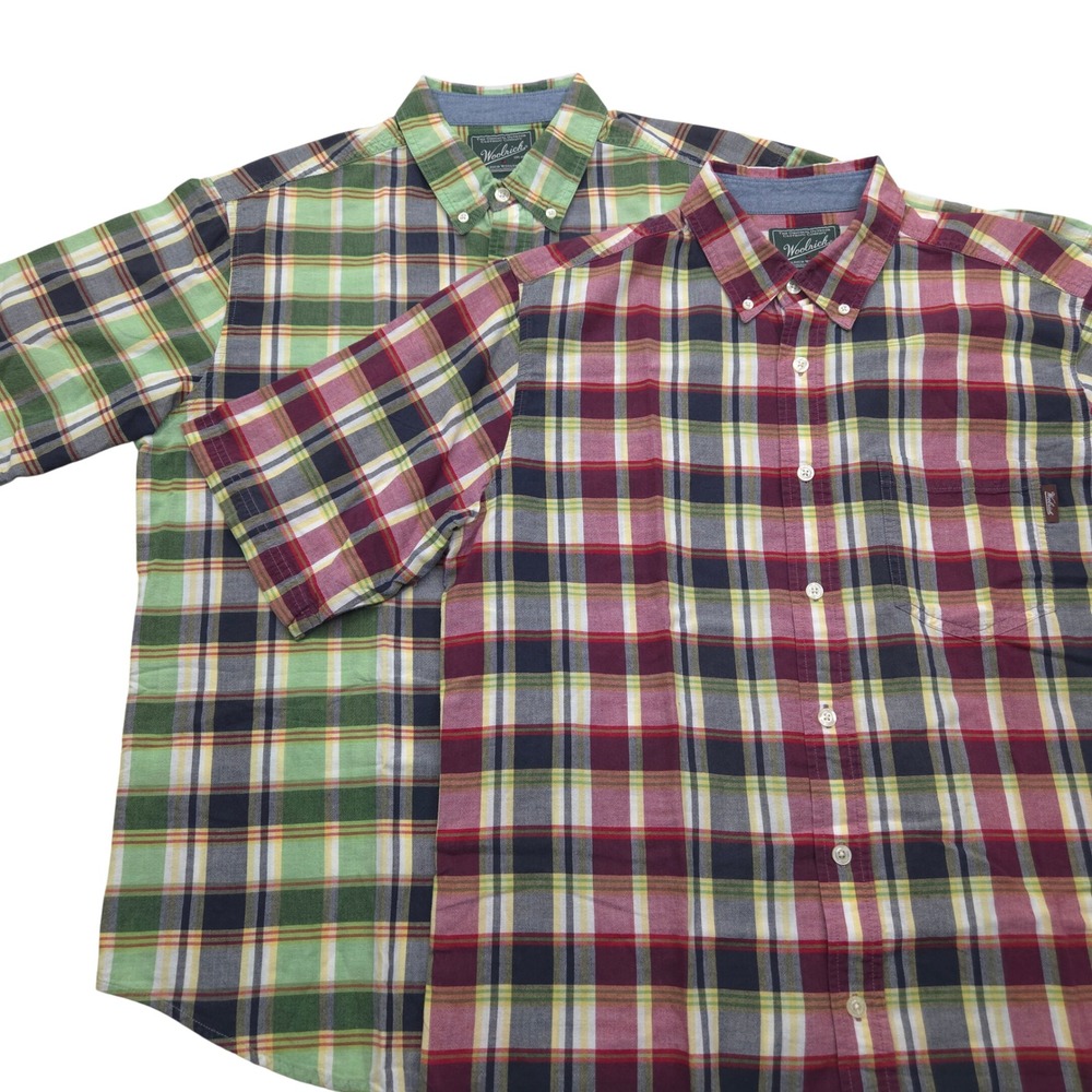 Lot of‎ 2 Woolrich Plaid Button Down Short Sleeve Shirt Pocket Mens Large